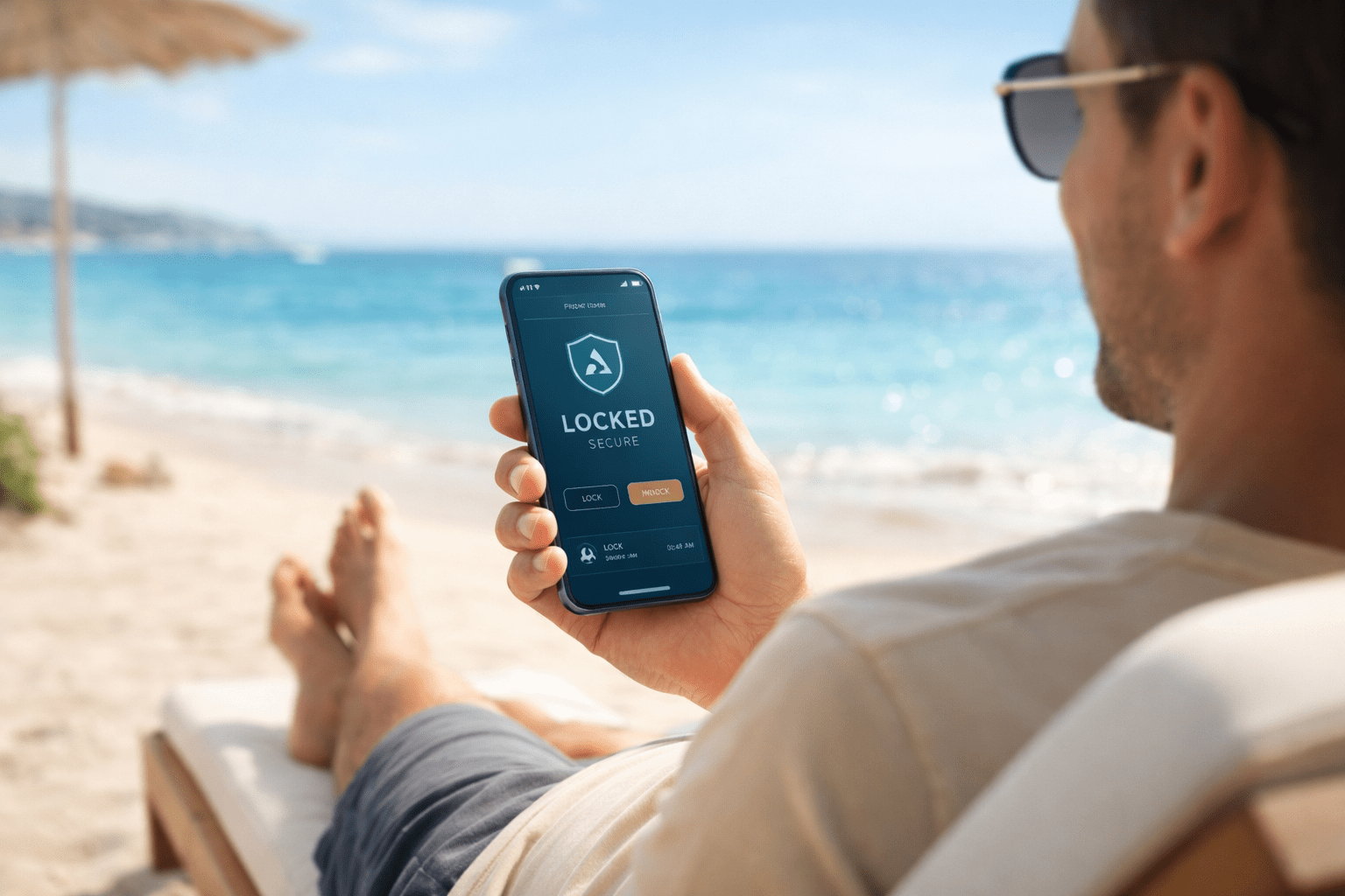 Man relaxing on beach checking smart door app showing front aluminium door locked and secure