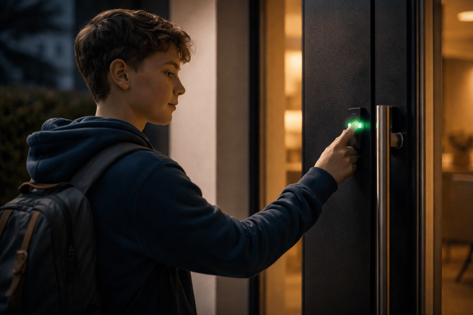 Teenager using fingerprint reader on premium aluminium door at night — parents receive instant notification