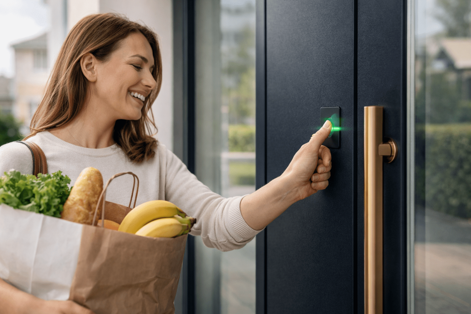 Woman smiling with groceries unlocking premium aluminium door using fingerprint — hands-free entry